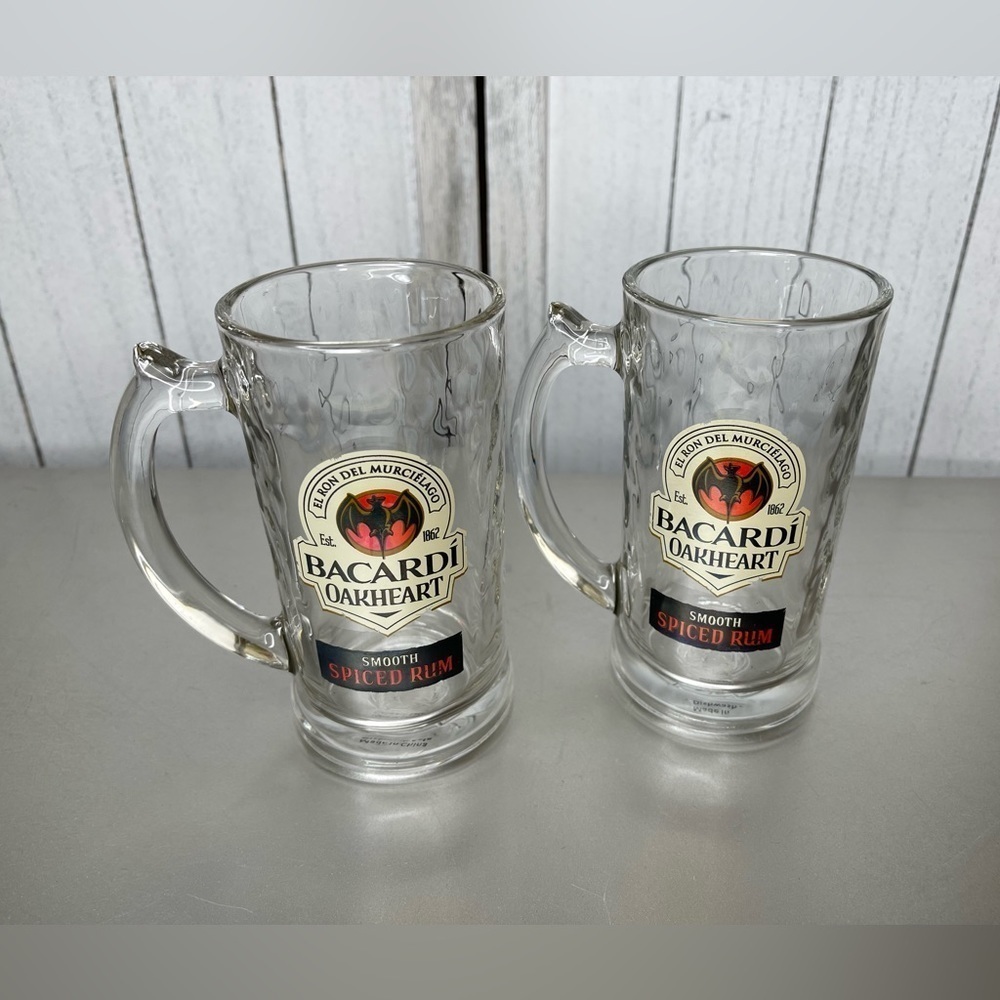 2 Bacardi Oakheart Spiced Rum Beer Mug Drinking Stein 12 oz Rippled Glasses